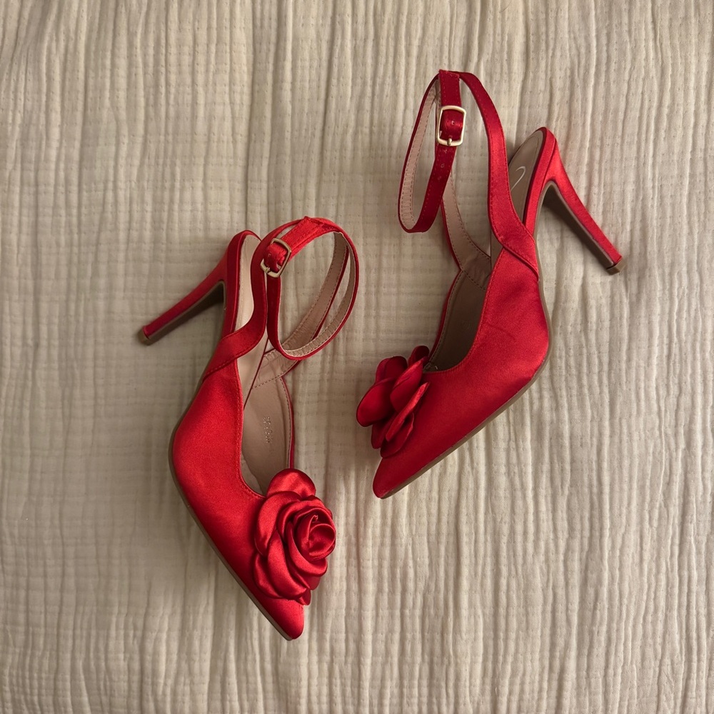 SOLD Windsor Red Satin Heels with Rose Detail
